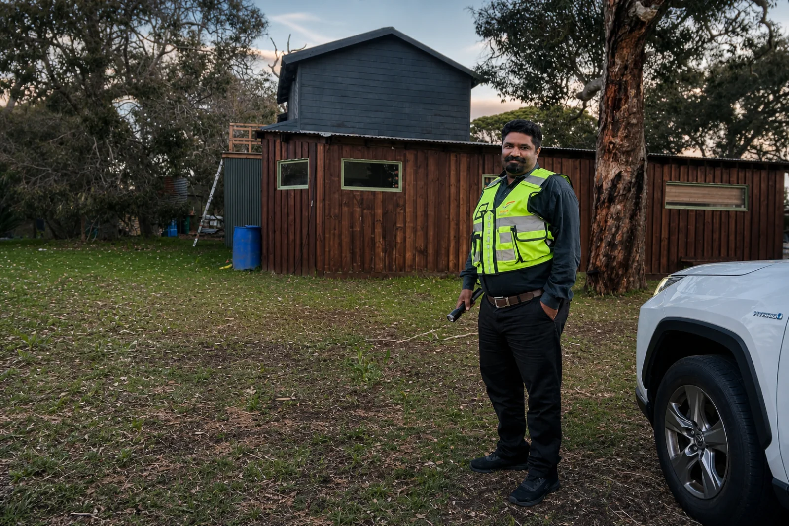 Westwide security officer beside a patrol vehicle during a regional site inspection